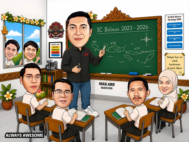 Karikatur pria berkemeja gelap berdiri di depan papan tulis hijau menunjuk peta pulau Bali dan Nusa Tenggara sambil memegang penghapus, dikelilingi empat rekan kerja berseragam putih hitam ala siswa yang duduk di bangku sekolah sambil menulis, dengan latar kelas berhias motif ukiran Bali dan tulisan rencana strategi tahunan.