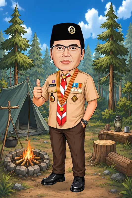 Karikatur pria berkacamata mengenakan seragam pramuka cokelat muda lengkap dengan peci hitam berlambang tunas kelapa, kalung medali bertingkat, dan syal merah putih berkepala manik, mengacungkan jempol di area perkemahan dengan tenda hijau dan api unggun menyala.