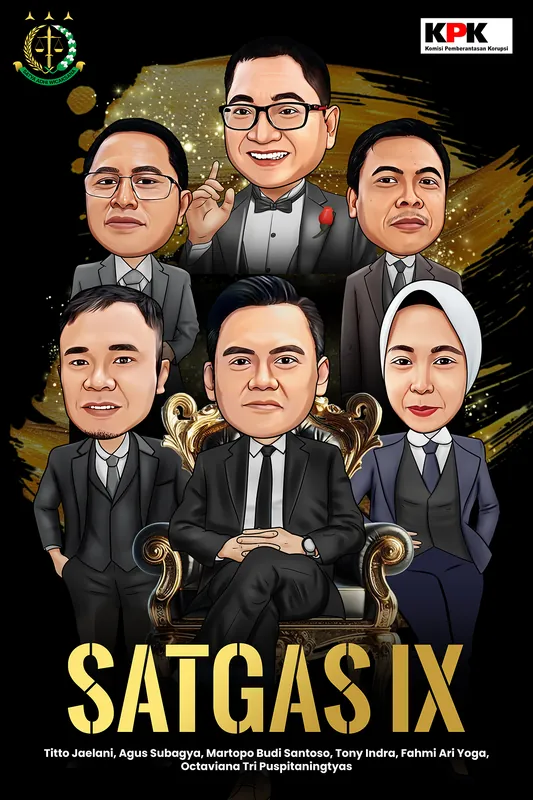 Karikatur enam anggota satuan tugas berjas formal hitam dan abu-abu, satu pria duduk di kursi berlapis emas mengatupkan kedua tangan di tengah, lima rekan lain berdiri mengelilingi dengan latar hitam bertabur percikan emas, dengan lambang instansi hukum dan lembaga antikorupsi di kedua sudut atas.