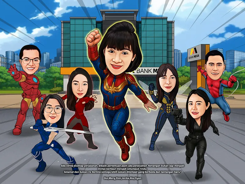Karikatur enam rekan kerja berkostum superhero warna-warni melayang dan beraksi di udara, satu perempuan di tengah mengenakan kostum biru merah berlambang bintang melompat tinggi mengepalkan tangan, dikelilingi rekan berkostum baju besi merah, penyihir merah, agen bersenjata, dan manusia laba-laba, dengan latar gedung kantor cabang bank.