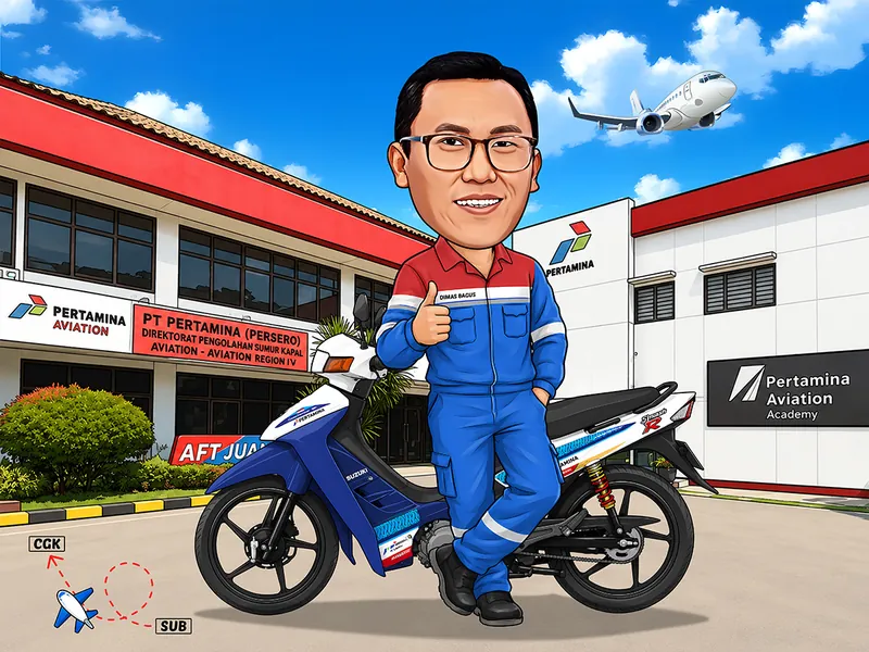 Karikatur seorang pria bernama Dimas Bagus mengenakan seragam kerja Pertamina berwarna biru merah sedang berdiri di samping sepeda motor sambil mengacungkan jempol. Latar menampilkan gedung Pertamina Aviation, Pertamina Aviation Academy, pesawat terbang di langit, serta elemen rute penerbangan bertanda CGK dan SUB di bagian bawah.