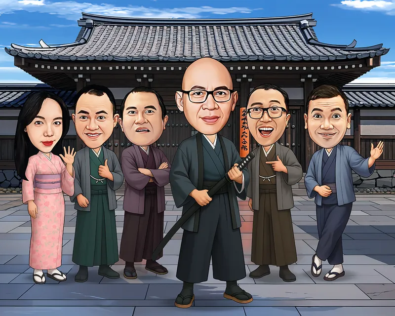 Karikatur enam rekan kerja mengenakan kimono dan hakama tradisional Jepang berwarna hijau, ungu, dan biru, satu pria botak di tengah memegang pedang katana bersarung sambil bersedekap tegas, dengan latar gerbang kuil kayu bergaya Jepang lengkap dengan atap genteng melengkung.
