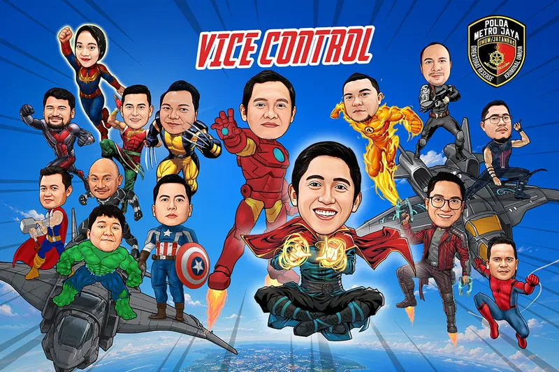 Karikatur enam belas personel berkostum superhero lengkap, tokoh utama di tengah mengenakan jubah merah dan sarung tangan bercahaya seperti dukun sihir, dikelilingi rekan berkostum baju besi merah keemasan, manusia raksasa hijau, pahlawan berperisai bintang, dan berbagai karakter bersenjata lainnya, dengan latar langit biru bergaris dan pesawat tempur di bagian bawah.
