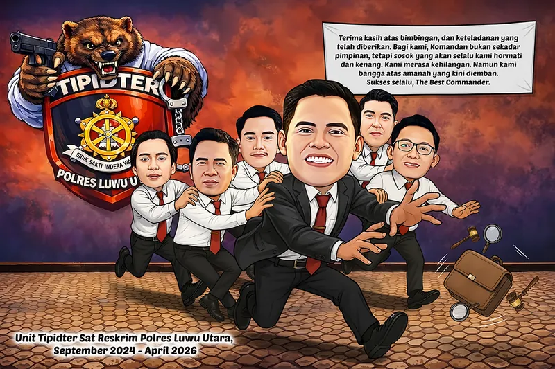 Karikatur enam anggota berkemeja putih berdasi merah menahan seorang pria berjas hitam yang melangkah pergi, dengan lambang unit reserse berhias beruang di kiri dan tas kerja serta palu sidang berjatuhan di kanan