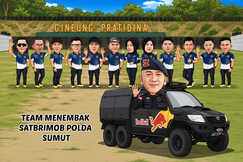 Karikatur perwira berbaret biru melambai dari kendaraan taktis hitam beroda enam berlivery sponsor, dengan dua belas anggota tim berkaus biru putih berdiri berjajar di lapangan tembak berdinding ban