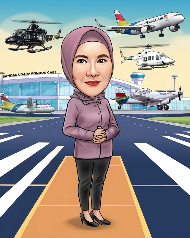 Karikatur seorang perempuan berhijab dan berkemeja merah muda berdiri di landasan bandara, dikelilingi dua helikopter, dua pesawat penumpang, dan satu pesawat baling-baling yang mengudara di sekitarnya