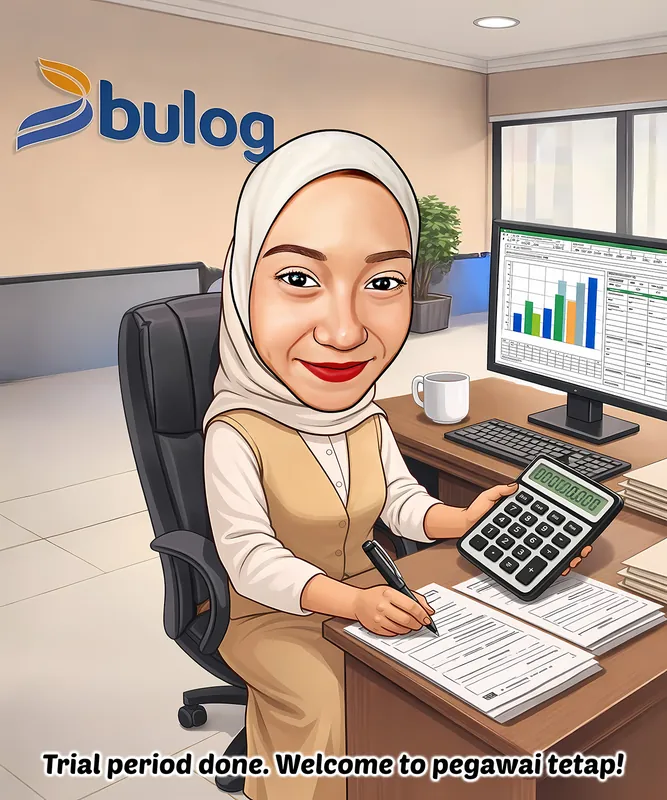 Karikatur seorang wanita berhijab sedang duduk di meja kerja sambil memegang kalkulator dan menulis pada dokumen. Ia mengenakan pakaian kerja bernuansa krem dan putih. Di meja terdapat monitor komputer yang menampilkan grafik dan lembar data, keyboard, cangkir, serta tumpukan dokumen. Latar berupa interior kantor dengan logo Bulog di dinding. Di bagian bawah terdapat tulisan Trial period done. Welcome to pegawai tetap!
