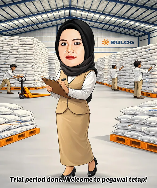 Karikatur pegawai perempuan berhijab dan berrompi krem memegang papan jalan, berdiri di gudang beras bertumpuk tinggi dengan tiga rekan bekerja di belakangnya