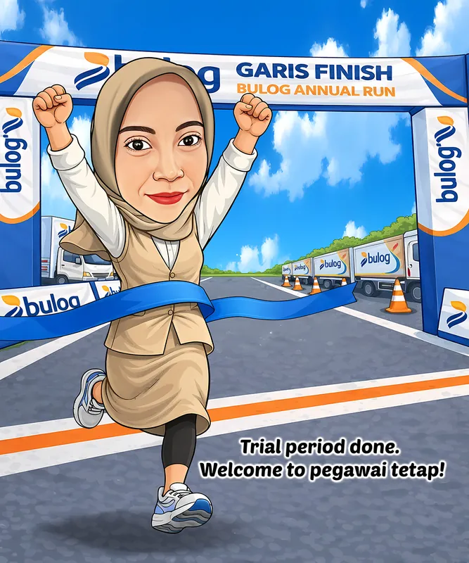 Karikatur seorang wanita berhijab sedang berlari melewati garis finish dengan kedua tangan terangkat sebagai tanda kemenangan. Ia mengenakan busana kerja bernuansa krem dan sepatu olahraga, dengan latar area perusahaan Bulog, kendaraan operasional, dan gerbang bertuliskan Garis Finish Bulog Annual Run. Di bagian bawah terdapat tulisan Trial period done. Welcome to pegawai tetap!