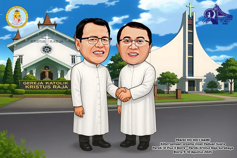 Karikatur dua rohaniwan berjubah putih berjabat tangan di jalan di antara dua gedung gereja katolik, satu bergaya lama beratap runcing dan satu bergaya modern bermenara salib