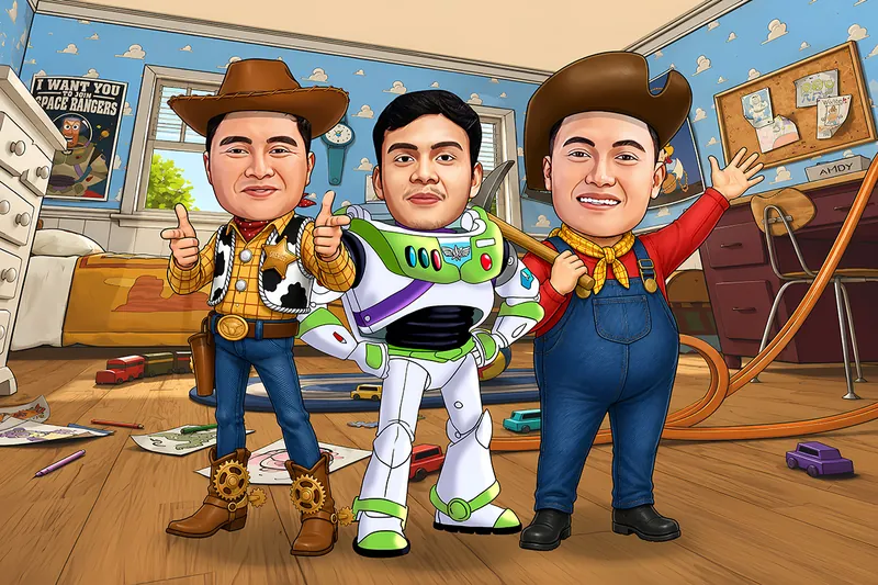 Karikatur tiga rekan kerja mengenakan kostum tokoh film animasi mainan, satu bertopi koboi, satu berbaju astronot, satu berbaju kodok denim, berdiri di kamar anak berdinding awan