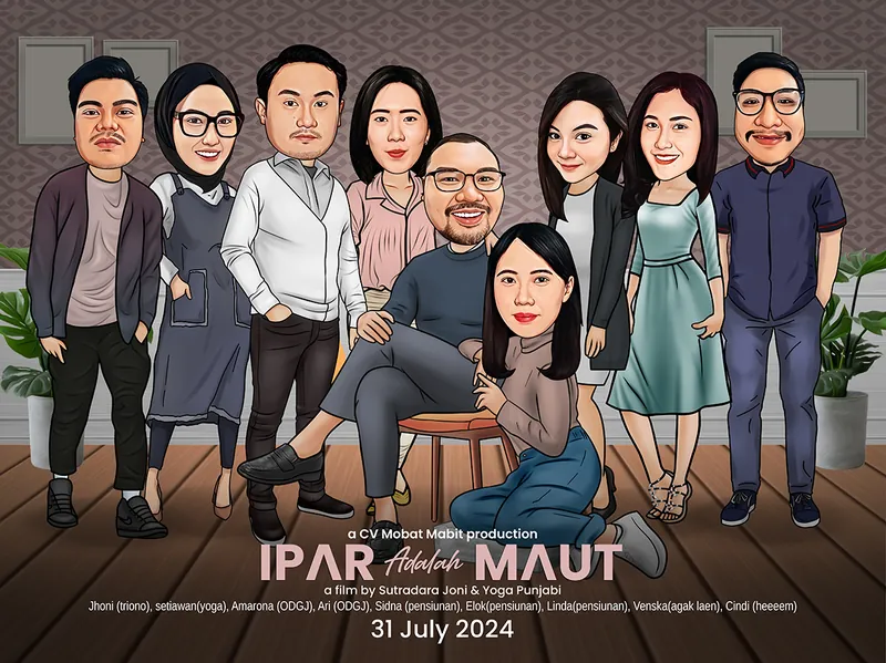 Karikatur sembilan rekan kerja berpose santai di ruang tamu bernuansa cokelat, tujuh orang berdiri berjejer dan satu orang duduk di kursi kayu sementara satu lagi duduk lesehan di lantai, disusun menyerupai poster film dengan judul parodi dan nama produksi rekaan di bagian bawah.