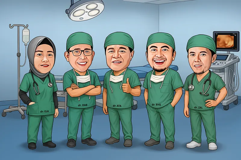 Karikatur lima dokter berseragam bedah hijau berdiri berjajar di ruang operasi lengkap dengan lampu bedah, tempat tidur pasien, tiang infus, dan mesin ultrasonografi