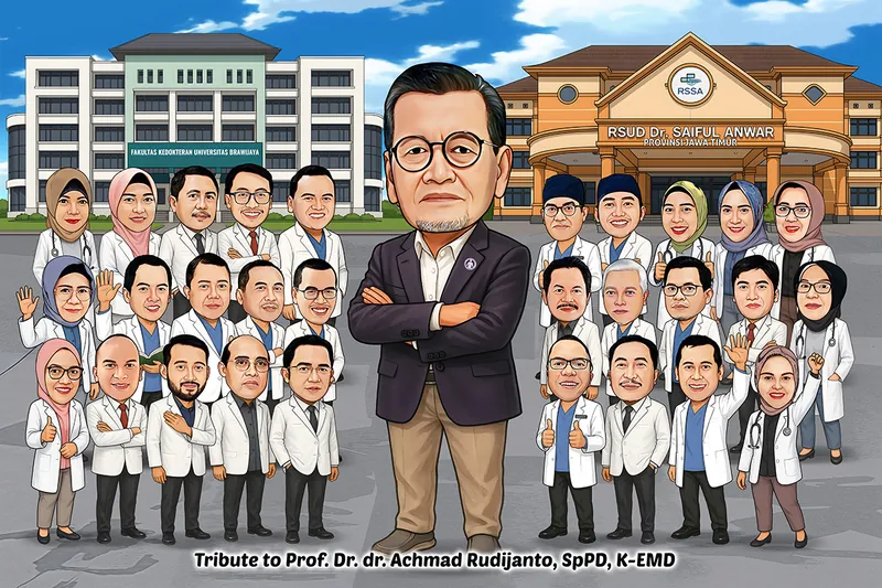 Karikatur grup tenaga medis bersama seorang profesor dokter sebagai tokoh utama di tengah. Tokoh utama mengenakan jas formal dengan tangan bersilang, dikelilingi para dokter berjas putih. Latar belakang menampilkan Fakultas Kedokteran Universitas Brawijaya dan RSUD Dr. Saiful Anwar Provinsi Jawa Timur.
