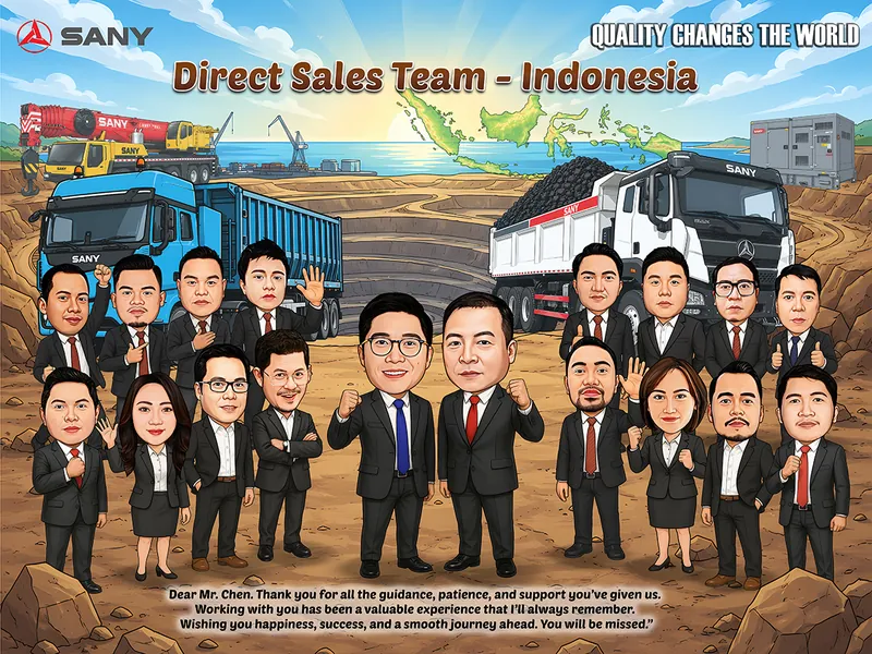 Karikatur delapan belas anggota tim penjualan berjas hitam berdiri di area tambang terbuka, dengan dua truk tambang, mobil derek, dan peta Indonesia di garis cakrawala saat matahari terbit