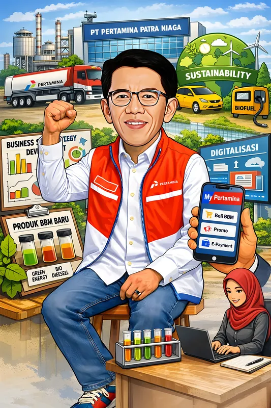Karikatur seorang pria berrompi merah duduk sambil menunjukkan layar ponsel berisi aplikasi layanan bahan bakar, dikelilingi papan grafik strategi, papan digitalisasi, tabung uji bahan bakar, truk tangki, dan bola dunia bertema keberlanjutan