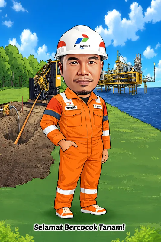 Karikatur pria berkumis dan berjenggot tipis mengenakan seragam oranye lengkap dengan helm proyek berlogo perusahaan migas, berdiri bertolak pinggang di tepi parit pipa yang sedang digali alat berat, dengan latar anjungan pengeboran lepas pantai di tengah laut.
