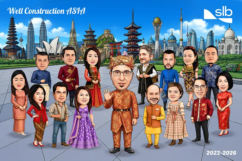 Karikatur delapan belas anggota tim perusahaan energi mengenakan busana adat dari berbagai negara Asia, berdiri di plaza dengan deretan bangunan ikonik Asia sebagai latar belakang