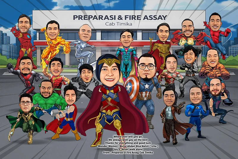 Karikatur dua puluh dua anggota tim laboratorium tambang mengenakan kostum pahlawan super lengkap, berdiri berlapis di halaman gedung kantor, dengan satu tokoh perempuan berjubah merah dan berhijab di tengah