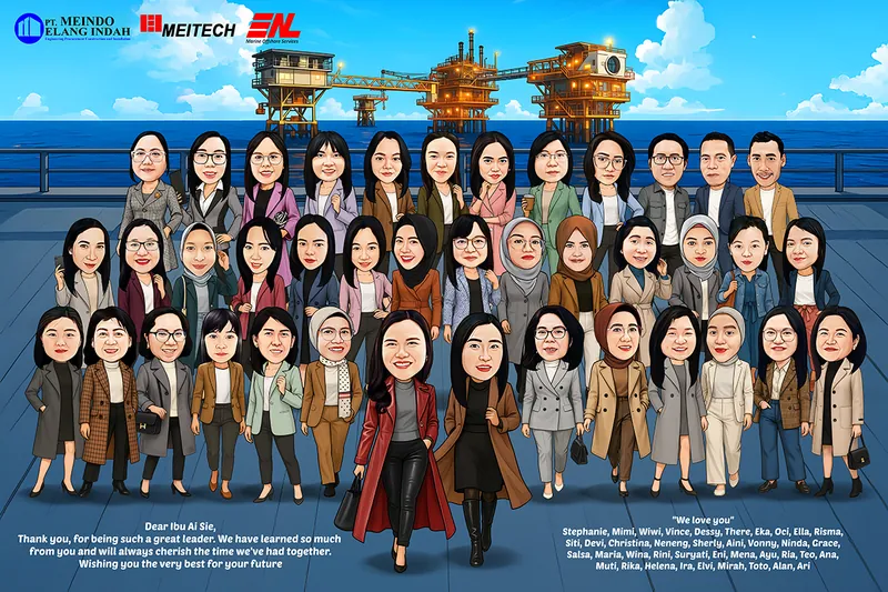 Karikatur lebih dari tiga puluh rekan kerja perempuan dan beberapa pria berbusana blazer modis warna-warni berdiri berjejer tiga baris di dermaga, dengan latar tiga anjungan pengeboran lepas pantai dan tiga logo perusahaan berjejer di sudut kiri atas.