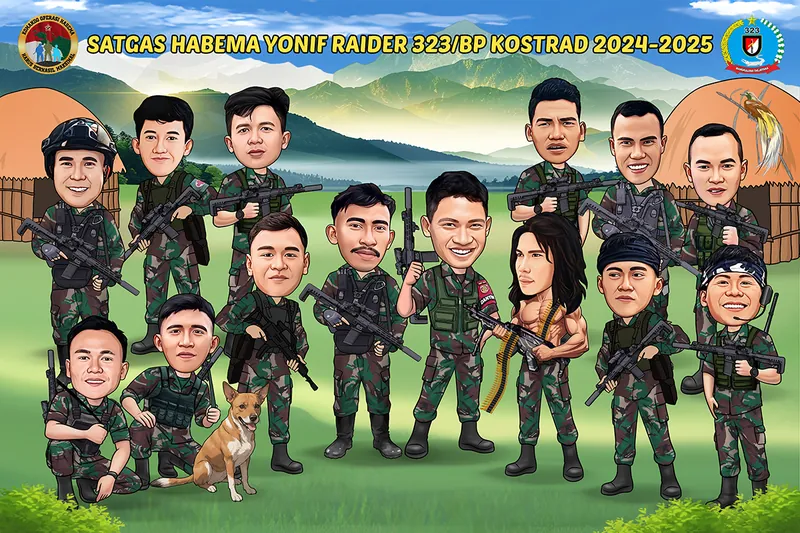 Karikatur lima belas prajurit berseragam loreng lengkap dengan senjata dan perlengkapan tempur, berdiri di padang rumput berlatar pegunungan berkabut, dengan seekor anjing di antara mereka dan tenda serta burung cenderawasih di kedua sisi