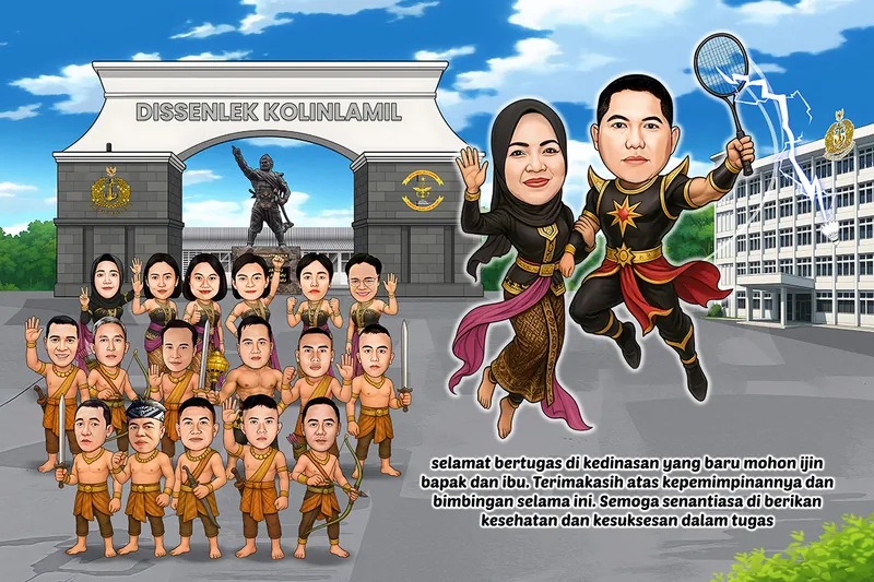 Karikatur tujuh belas anggota satuan berbusana prajurit kerajaan lengkap dengan pedang dan busur, berdiri di depan gerbang markas, sementara sepasang suami istri melayang di sebelah kanan berkostum pahlawan