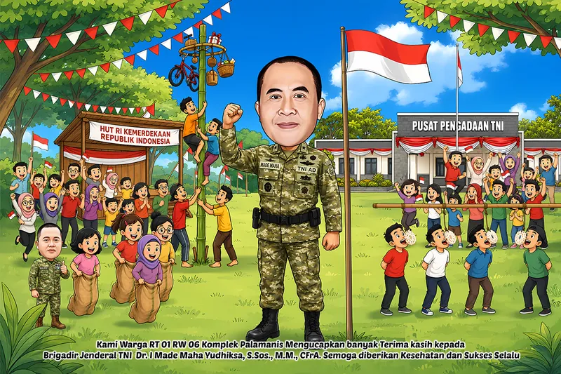 Karikatur seorang jenderal TNI berseragam loreng mengepalkan tangan di tengah lapangan, dikelilingi anak-anak dan warga yang bermain balap karung, panjat pinang, dan tarik tambang, dengan latar tenda hias merah putih dan gedung pusat pengadaan TNI berhias umbul-umbul kemerdekaan.