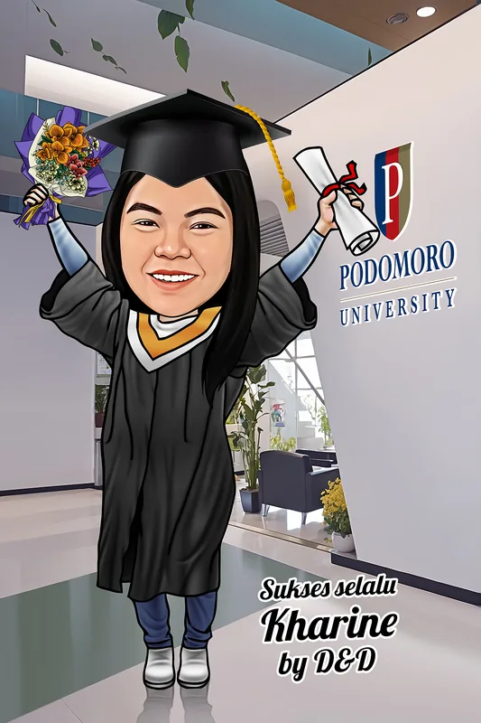 Karikatur wisudawati bertoga hitam mengangkat buket bunga di satu tangan dan gulungan ijazah bertali merah di tangan lain, berdiri di lobi kampus Podomoro University, dengan ucapan sukses tertulis di bagian bawah
