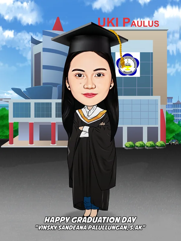 Karikatur wisudawati bertoga hitam berselempang kuning dan berambut panjang, berdiri bersedekap di depan gedung kampus UKI Paulus Makassar, dengan ucapan selamat wisuda tertulis di bagian bawah