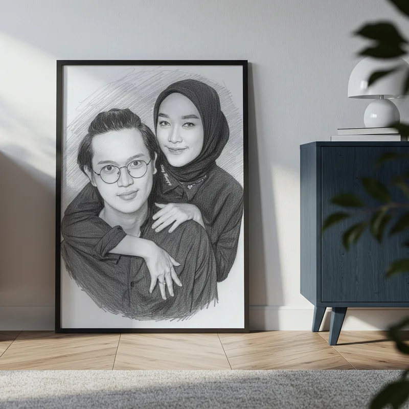 Sketsa pensil hitam putih berbingkai menampilkan dua orang berangkulan, satu berkacamata bulat dan satu berhijab, bersandar di lantai ruang tamu
