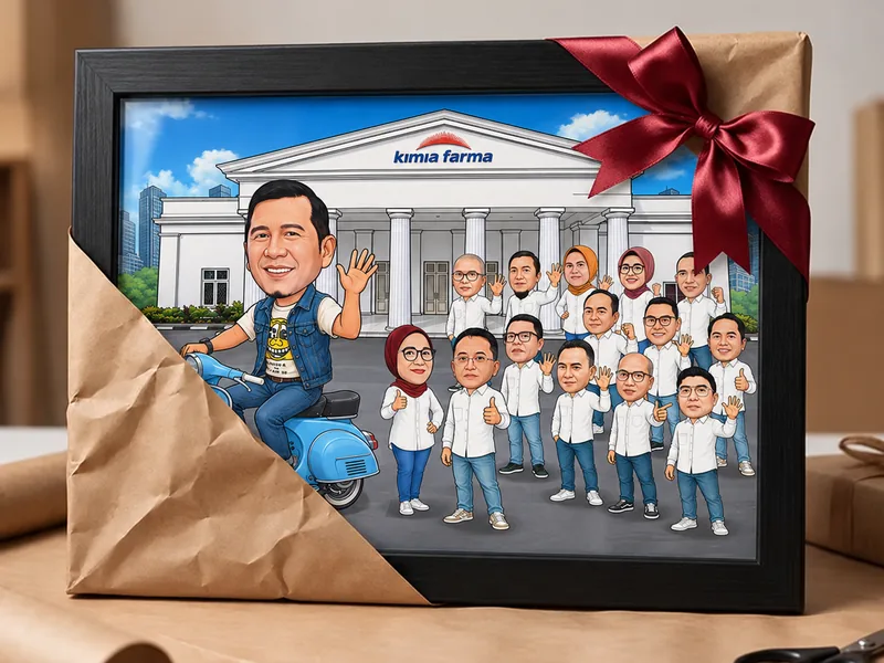 Karikatur kelompok kantor dalam bingkai kayu hitam, sebagian masih terbungkus kertas cokelat dan diikat pita merah, di atas meja pembungkusan
