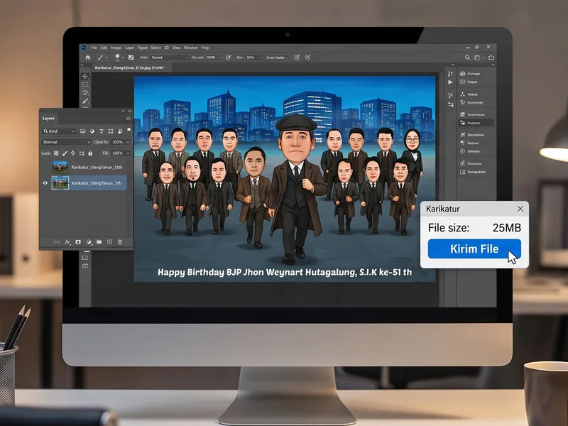 Layar komputer menampilkan berkas karikatur kelompok berlatar gedung kota yang lagi dibuka di aplikasi desain, dengan keterangan ukuran berkas siap kirim